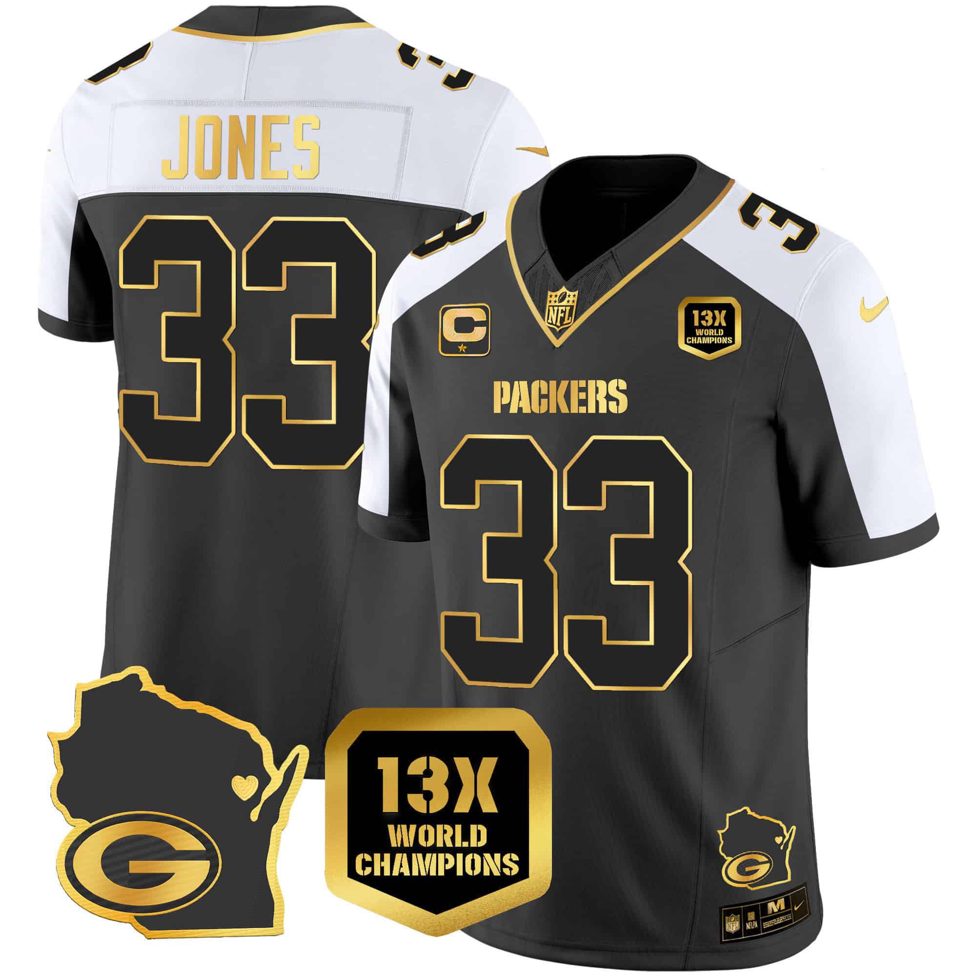 Men Green Bay Packers #33 Jones Black Gold 2024 Nike World Champions Home Patch Vapor NFL Jersey->indianapolis colts->NFL Jersey